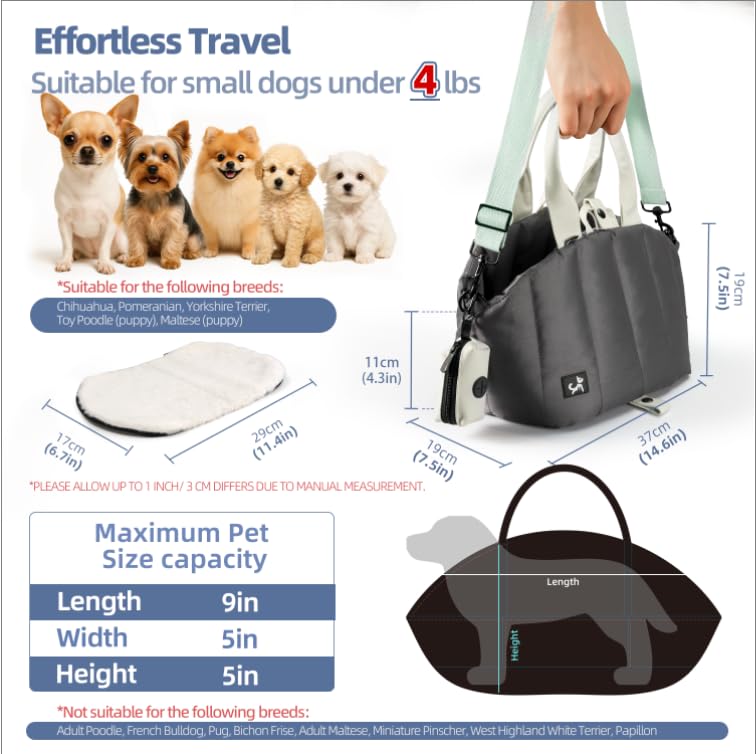 Sytopia Small Dog Carrier Purse, Portable Pet Carrier Tote Carrier with Pockets, Adjustable Safety Leash, Waterproof Dog Travel Bag, Travel Pets Purse up to 4 Lbs, Dark Grey Extra Small (XS) - PawsPlanet Australia