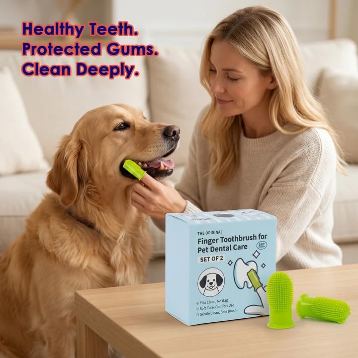 Dog Finger Toothbrush 2 Pack, Small & Large Sizes for Better Finger Fit, Soft Food Grade Silicone Dog & Cat Toothbrush, 180° Bristles for Plaque & Tartar Removal, Pet Teeth Cleaning & Bad Breath Care Green