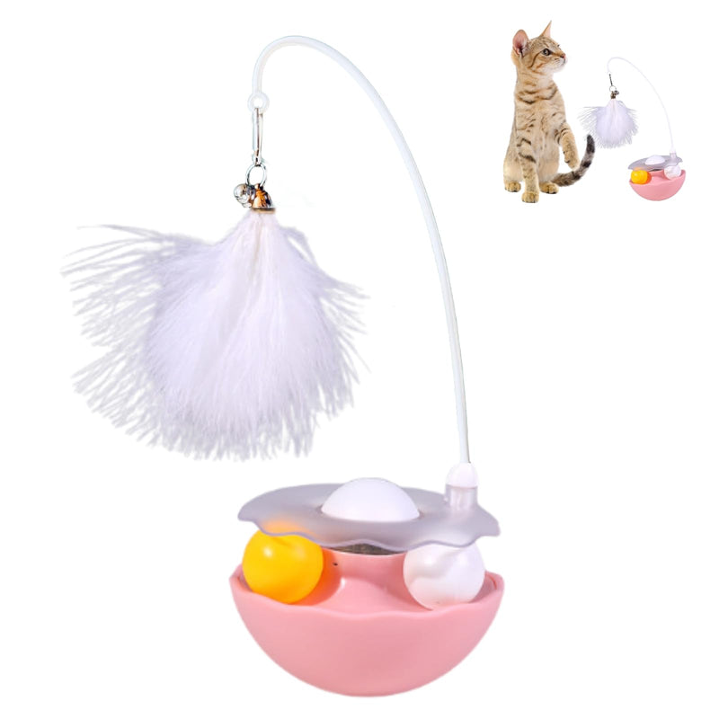 3-in-1 Tumbler Catnip Toy, Cat Teaser with Feather and Bell, Track Balls, Interactive Kitten Toy for Indoor Cats Exercise, 9.8'' high (Pink) Pink - PawsPlanet Australia