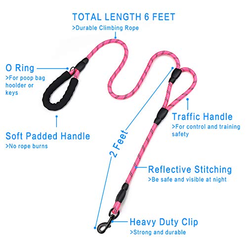 Rope Dog Leash 6ft Long,Traffic Padded Two Handle,Heavy Duty,Reflective Double Handles Lead for Control Safety Training,Leashes for Large Dogs or Medium Dogs,Dual Handles Leads(Pink) Rope-Pink - PawsPlanet Australia
