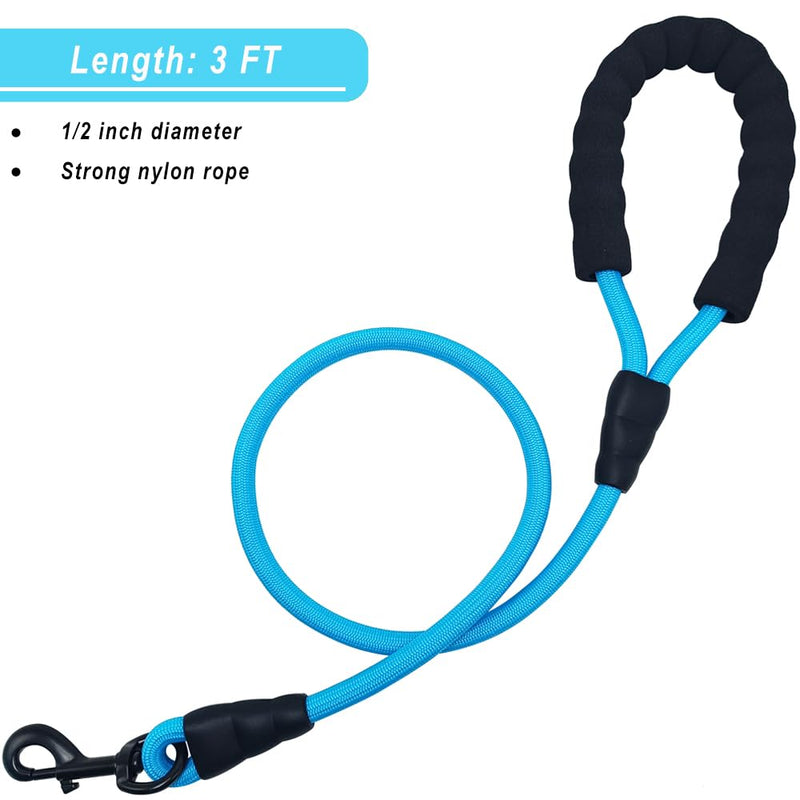 3FT Strong Nylon Rope Dog Leash with Comfortable Padded Handle Classic Dog Leash 1/2" for Medium Large Dogs Walking Blue - PawsPlanet Australia