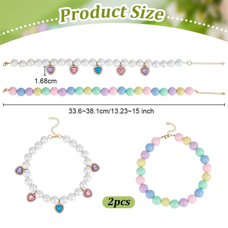 OLYCRAFT 2pcs Pet Rainbow Beaded Collar with Heart Charms Adjustable Dog and Cat Necklace Sparkling Colorful Pet Necklace Jewelry Handmade Fancy Dog Collar for Small Medium and Large Pets-2 Styles 13.2~15 Inch - PawsPlanet Australia