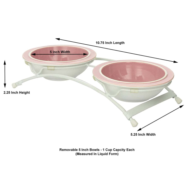 PetRageous 44355 Toftees Paws Diner with Two 1-Cup Dishwasher Safe Stoneware Bowl Capacity 10.75-Inch Length 2.25-Inch Tall for Extra Small and Small Dogs and Cats, White Diner with Pink Bowls