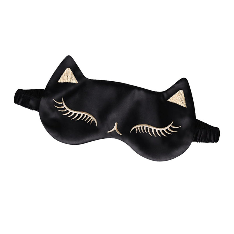 SOLUSTRE Silk Eye Mask with Cat Motif and Adjustable Strap for Eye Tiredness Relief, Black, for Home and Travel, for Women