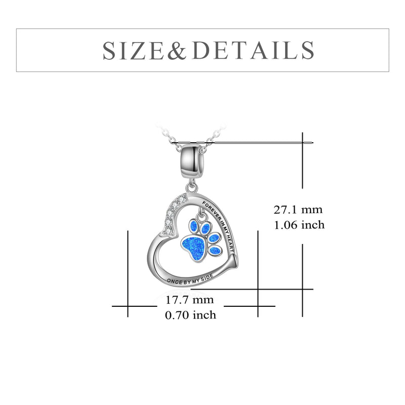 YFN Paw Print Necklace Sterling Silver Dog Cat Charms Pendant Cremation Jewelry Cat Dog Memorial Gifts for Women Girls Blue Opal