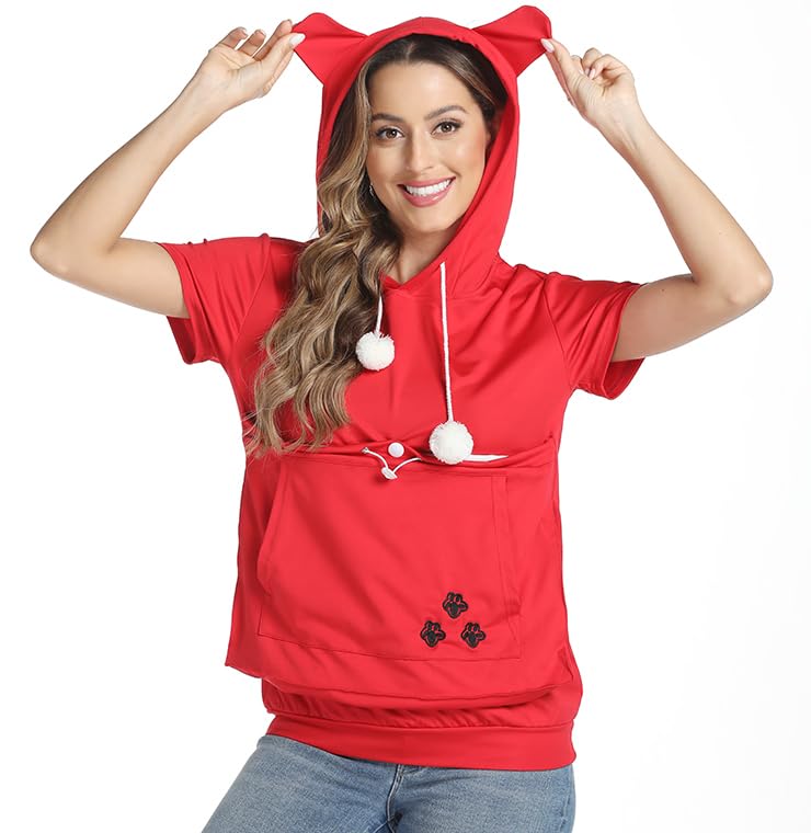 Women Big Pouch Shirt Pet Holder Pocket Top Short Sleeve Solid Color T-Shirt Red, Small-Medium - PawsPlanet Australia