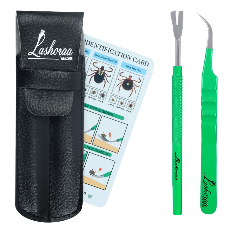 LASHORAA Tick Removal Tool Kit - Stainless Steel Tweezer & Tick Remover for Humans, Dogs, Cats & Other Pets- Dog Tick Remover Tools with Leather Case & Tick Identification Chart- Flea+Tick Removal Kit