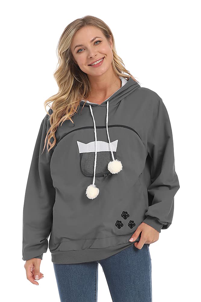 Women Pet Carrier Sweatshirt Puppy Kitten Holding Hoodies Long Sleeve Pouch Tops X-Large-XX-Large Dark Grey - PawsPlanet Australia