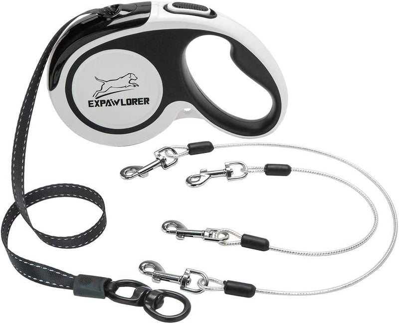 EXPAWLORER Retractable Double Dog Leash - Chew Proof, 2 No Tangle Strong Wire Ropes, 16 ft Heavy Duty Walk Leash for Medium & Large Dogs (Black & White) - PawsPlanet Australia