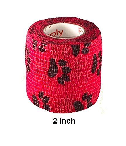 Vet Wrap Wrap Tape (Red with Paw Prints) (2 Pack) (3 Inch x 15 feet) Self Adhesive Adherent Adhering Cohesive Flex Self Stick Bandage Grip Roll Dog Cat Pet Horse 2 Rolls Red With Black Paws - PawsPlanet Australia
