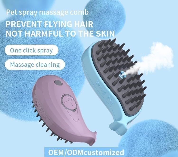 3 in 1 Cat Steamy Brush with Care Solution 2Pcs - Electric Spray Grooming Comb for Cats Dogs, Steaming Silicone Massage Brush - Self Cleaning Pet Hair Remover - Blue & Purple - PawsPlanet Australia