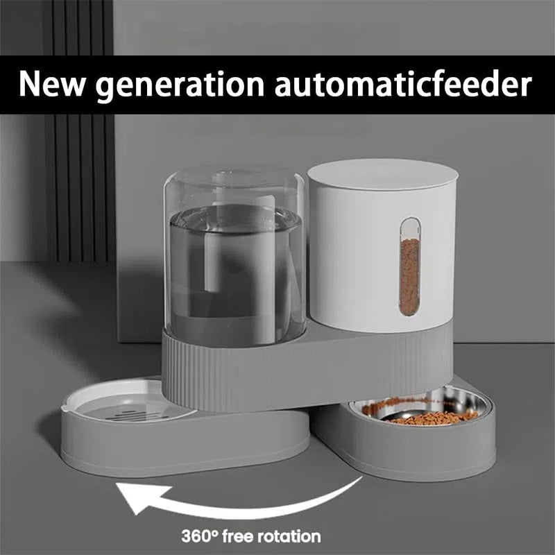 Automatic Cat Feeder and Water Dispenser - Gravity Cat Food Feeder and Waterer with Stainless Steel Bowl, 2 Pack Pet Self Feeding for Small Dog Puppy Kitten, 2.4L Dry Food and 2.6L Water Grey Split - PawsPlanet Australia