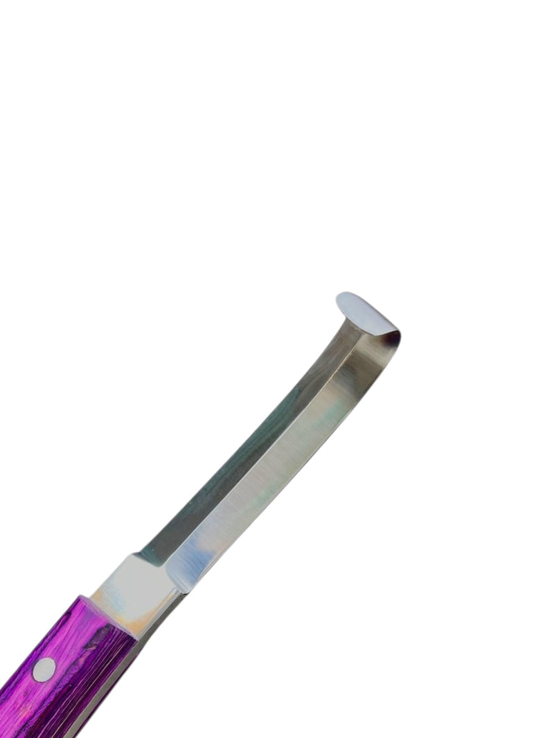 Double-Edge Blade Hoof Knife, J2 420 Magnetic Stainless Steel, Right-Hand, Ergonomic Purple Handle, Professional Farrier Trimming Tool