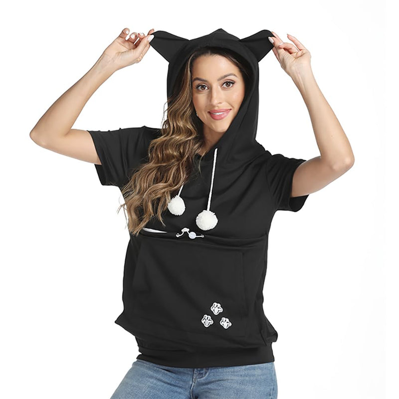 Women Big Pouch Shirt Pet Holder Pocket Top Short Sleeve Solid Color T-Shirt Large-X-Large Black - PawsPlanet Australia