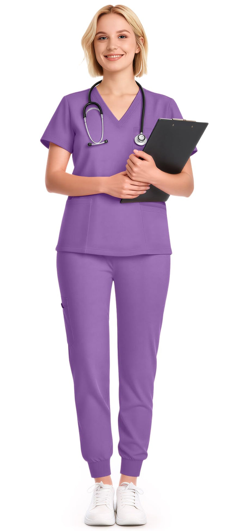 Scrubs for Women Set - 8-Pocket V-Neck Scrub Uniform, Stretch Jogger Pants, Medical Workwear for Nurses, Pet Care Medium Light Purple - PawsPlanet Australia