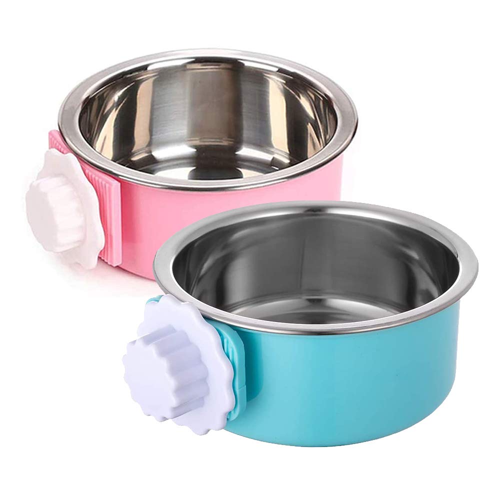 Stainless Steel Removable Pet Food Bowl, Anti-overturn Water Feeder Container, Suitable for Small Dog/Cat/Rabbit, 2 Set of Crate Bowls, Easy to Install and Clean Pink/Blue 2PCS Round