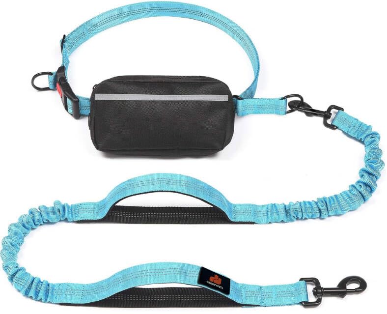 Hands Free Dog Leash with Waist Zipper Pouch, Dual Padded Handles and Dual Bungee Shockabsorbing Leash with Safety Reflective Strip for Walking, Jogging and Running Your Dog Black