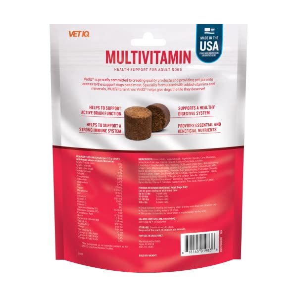 VetIQ Multivitamin Supplement for Dogs, Supports Active Brain Function, Immune System, and Digestive System, Hickory Smoke Flavored Dog Multivitamin, Made in The USA, 60 Count