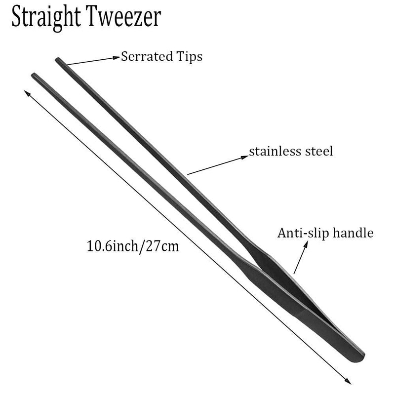 2PCS Aquarium Tweezers Stainless Steel Straight and Curved Tweezers Set Long Handle Reptile Feeding Tongs for Aquatic Plants Lizards Spider Snakes Garden Repairing - 10.6inch, Black - PawsPlanet Australia