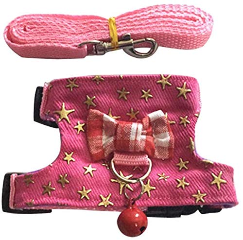 Small Animal Collar Leash Harness with Cute Bows and Bells Comfortable Durable Adjustable Suitable for Rabbit Guinea Pig Chinchilla Ferret Kitten Hamster Squirrel (Small,Pink Star) Small Pink Star