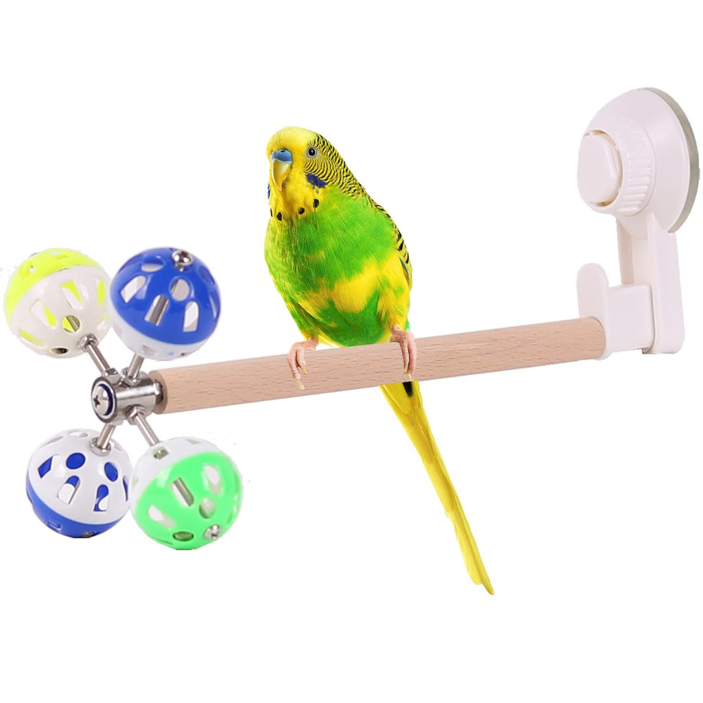 Window Suction Bird Perch Toy for Parakeet, Movable Bird Perch Stand with Rotating Balls Bells for Window Mirror Glass Mount, Spinning Perch Toy for Budgies Cockatiel Conure Typical Perch White