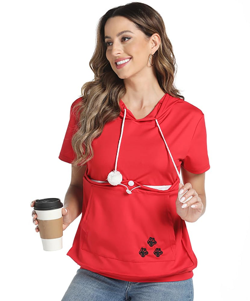 Women Big Pouch Shirt Pet Holder Pocket Top Short Sleeve Solid Color T-Shirt Red, Small-Medium - PawsPlanet Australia