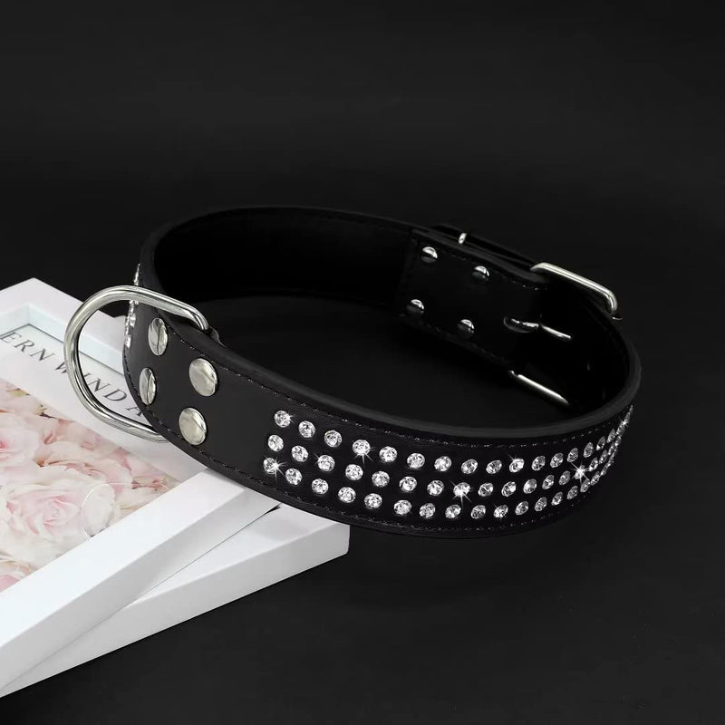 Rhinestones Dog Collar - 1.5" Width Leather Made with Sparkly Crystal Diamonds Studded - Shining Pet Appearance for Medium & Large Dog Walking,17"-20",Black Neck 17-20",Fit 50-70lbs Black