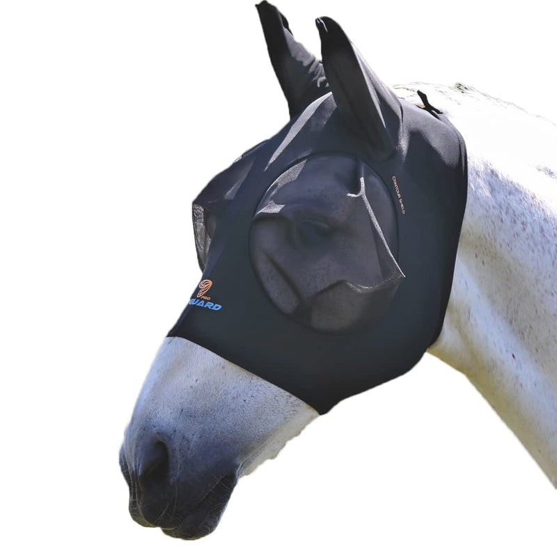 FlyGuard Pro Stretch Fly Mask with Ears | Full Size | Ultra‑Comfort Fit | 3D Dome Eye Mesh | 70% UV Blocking, Breathable Stretch Fabric | Full‑Coverage Fly & Midge Protection - Jet Color