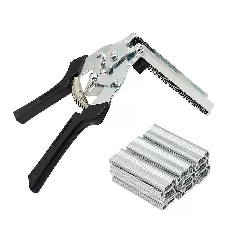 Professional Hog Ring Pliers Kit with 600 Galvanized M-Type Clips – Heavy Duty Fence Tool for Cage Building, Wire Mesh Fastening & Upholstery Repair