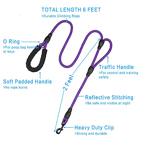 PLUTUS PET Rope Dog Leash 6ft Long,Traffic Padded Two Handle,Heavy Duty,Reflective Double Handles Lead for Control Safety Training,Leashes for Large Dogs or Medium Dogs,Dual Handles Leads(Violet) Rope-Violet - PawsPlanet Australia