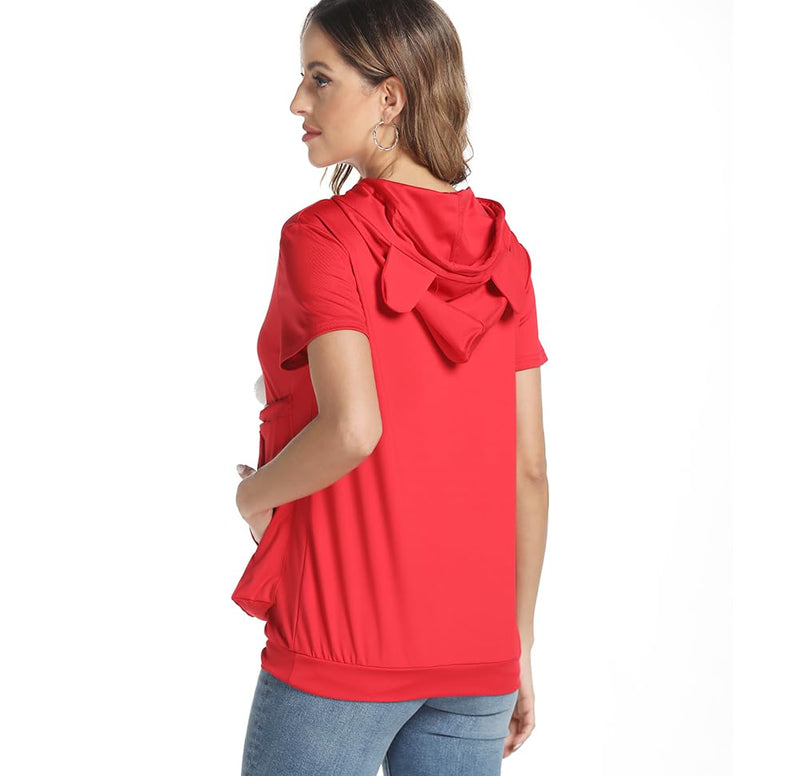 Women Big Pouch Shirt Pet Holder Pocket Top Short Sleeve Solid Color T-Shirt Red, Small-Medium - PawsPlanet Australia