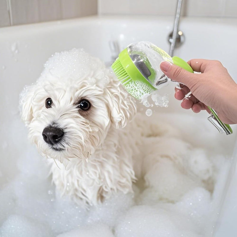 Pet Bath Brush with Shampoo Dispenser - Silicone Massage Grooming Tool for Cats & Dogs, Long Handle Dog Cat Bath Brush for Wet/Dry Use Green (ABS + Food-Grade Silicone, 7.5") - PawsPlanet Australia