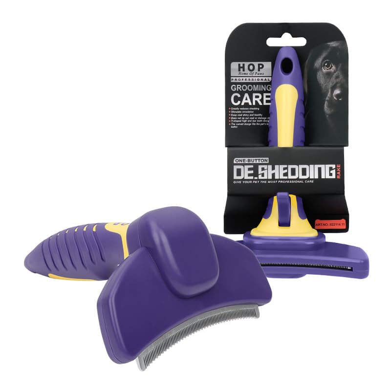 HOP Dog Deshedding Brush for Short Haired Dogs Cats Pets Professional Deshedding Tool Anti-Slip Handle & Detachable Head Highly Effective Deshedder Grooming Home of Paws(Purple_L) Purple_L - PawsPlanet Australia