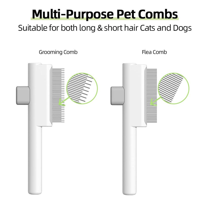 Marchul 2Pcs Pet Comb Flea Comb Set for Cats Dogs, Cat Grooming Brush with Release Button and Stainless Steel Round Teeth, Self-Cleaning Dog Combs for Removing Pet Hair, Knots & Loose Fur, White - PawsPlanet Australia