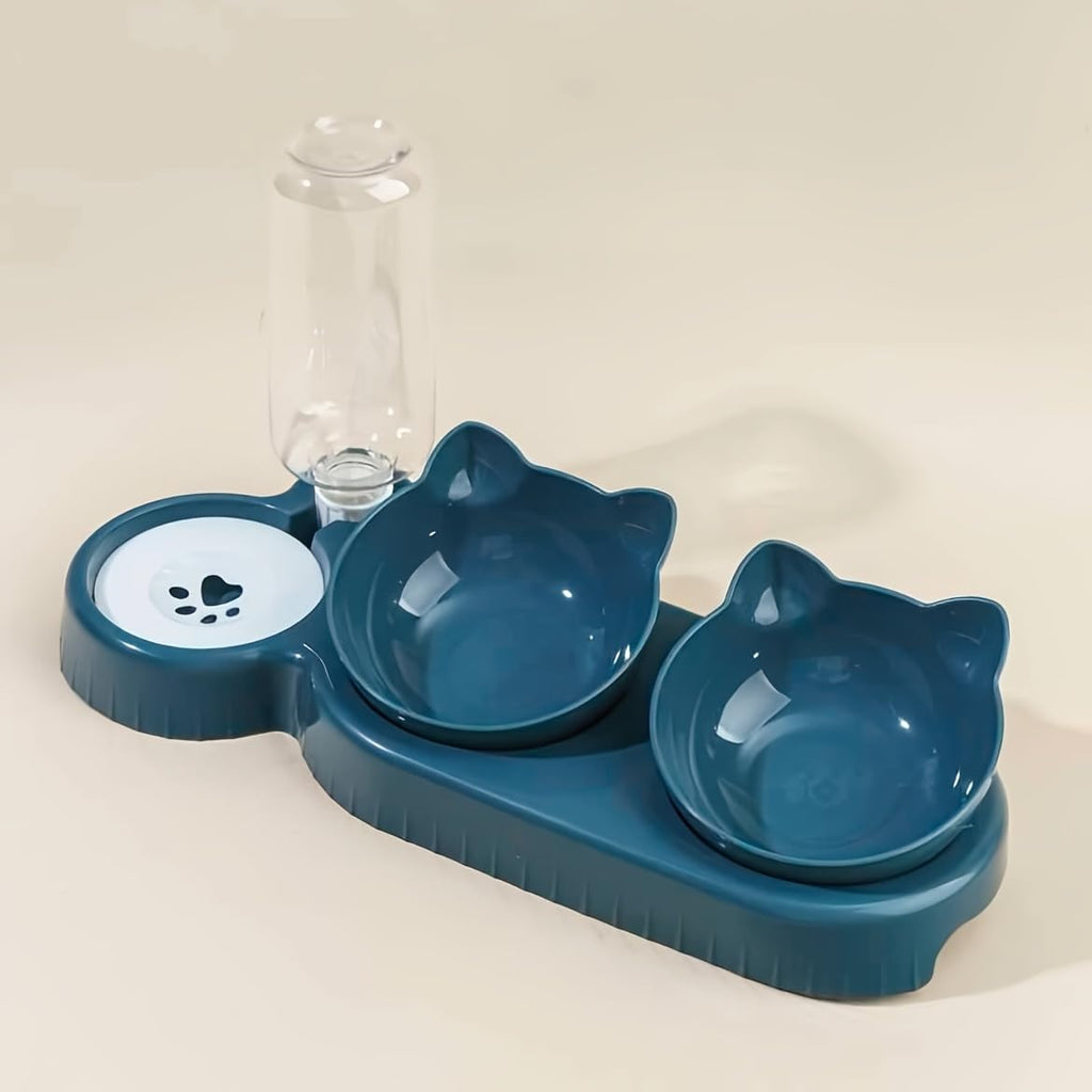 Cat Bowl Set with Water Dispenser and Non-Slip Mat, Triple 15° Tilted Feeding Bowls for Kitten, Elevated Wet and Dry Food Dishes- Dark Blue, Light Grey