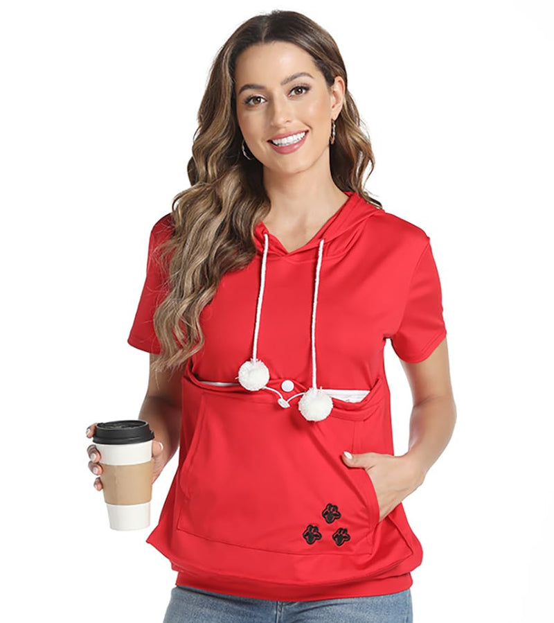 Women Big Pouch Shirt Pet Holder Pocket Top Short Sleeve Solid Color T-Shirt Red, Small-Medium - PawsPlanet Australia