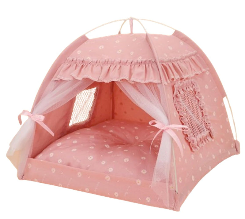 Cat Bed Tents Dog House Indoor Outdoor Lace Mesh Breathable Windows Door Curtains Removable Portable Nest Teepe House (Small,Pink(Ruffled Teim)) Small Pink(Ruffled Teim) - PawsPlanet Australia