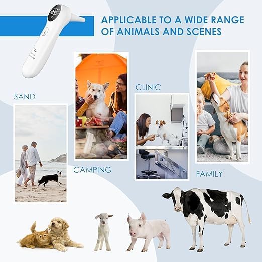 Ear Thermometer for Dogs, Cats and Livestock with Long Probe, Switching to C/F, Mute Button, 1 Second Measurement