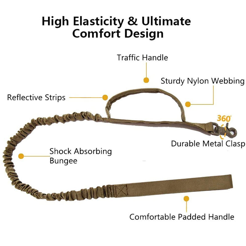 Tactical Dog Collar and Leash Set Tactical Dog Collar with Handle Bungee Leash Adjustable Military Training Nylon Collar Dog Training Collar Leash Set with Control Handleand Metal Buckle （Brown L Large (Pack of 1) Brown SET(collar+leash)
