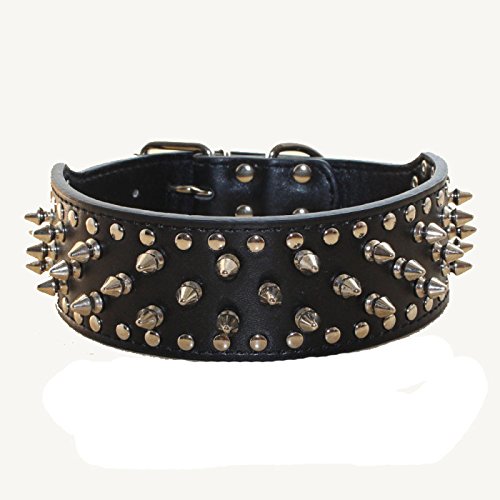 Leather Spiked Studded Medium & Large Dog Collars, Harnesses & Chain Leashes 3Pcs Matching Set for Pit Bull,Mastiff, Boxer, Bull Terrier Black