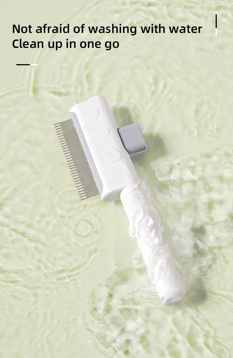 Cat Shedding Comb for Long Matted Hair, Cat Flea Comb for Indoor Cats or Dogs, Release Button Self-Cleaning Pet Combs, Long & Short Stainless Steel Metal Teeth, White - PawsPlanet Australia