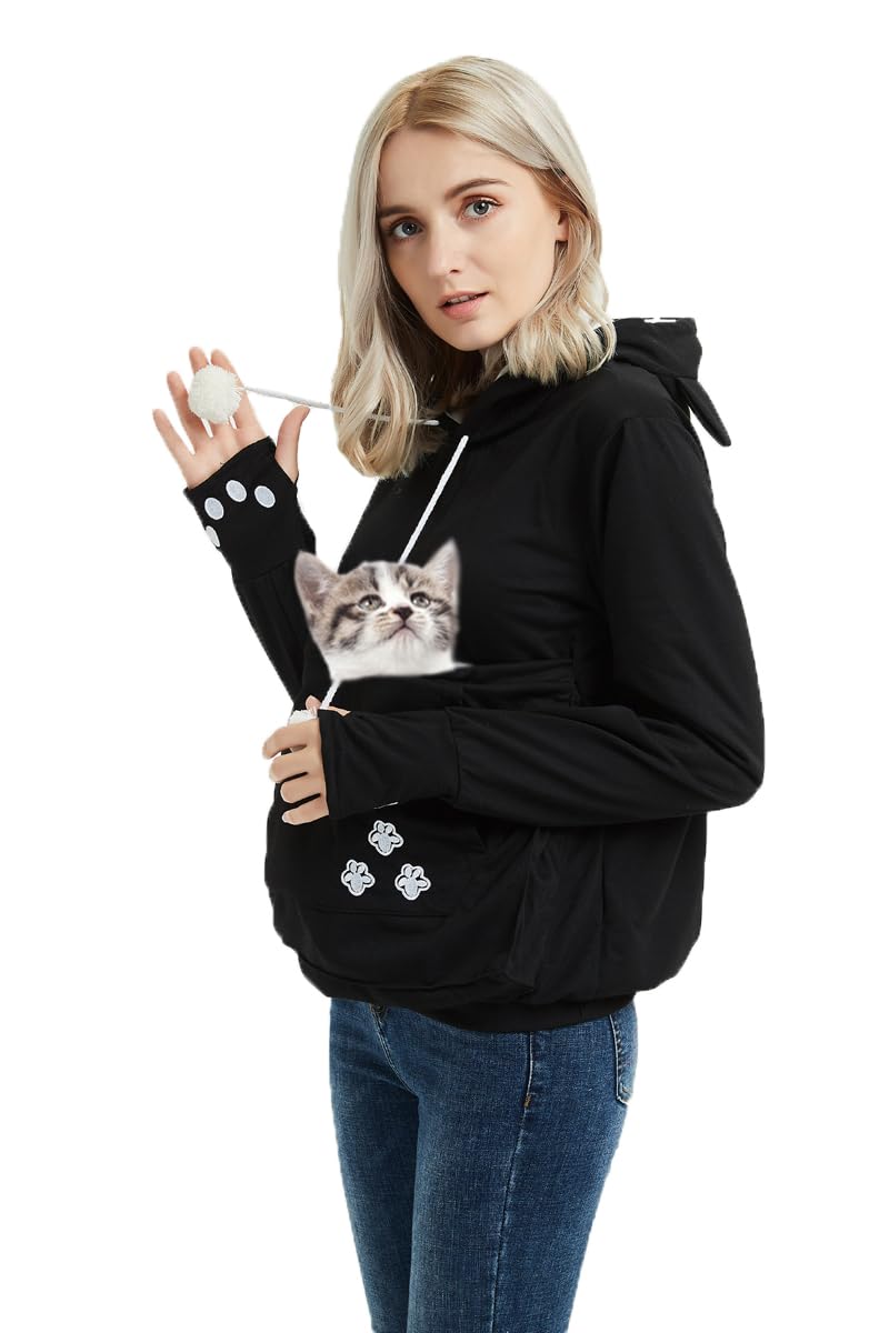 Cat Hoodie Pouch Kitten Puppy Carrier Hood Sweatshirt Pet Pocket Holder Top X-Large Black - PawsPlanet Australia