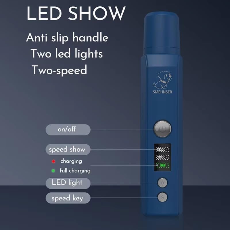 Electric Dog Nail Grinder with 2-Speed Adjustment, USB-C Rechargeable Pet Nail Trimmer for Small, Medium, Large Dogs and Cats, Low Noise and Vibration, LED Lights, LCD Speed Display - PawsPlanet Australia