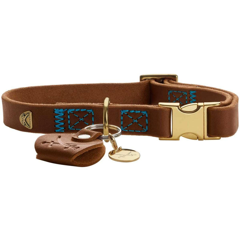HUNTER Sansibar Dog Collar Colour: Cognac, Elegant Cowhide Leather, Maritime Details, Blue Decorative Stitching, Brass-Coloured Fittings, Fully Adjustable, Stylish and Robust, Made in Germany, Size: M