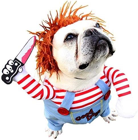 Pet Deadly Doll Dog Costume Scary Dog Costume Funny Dog Costume with Wig Fake Knife Adjustable Halloween Costumes for Small Medium Large Dogs