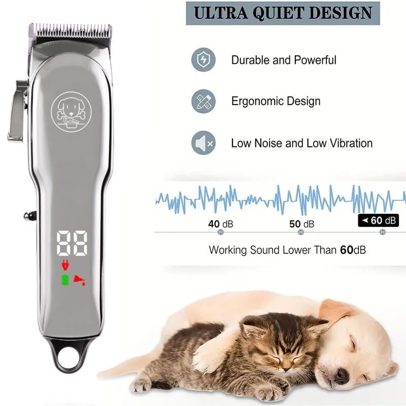 Dog Clippers - Rechargeable Cordless Dog Grooming Kit, Professional for Thick Coats, LED Power Display, Low Noise Pet Shaver with 6 Guide Combs for Cats and Animals