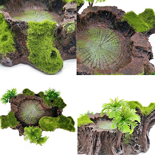 TIHOOD Plastic Reptile Tank Decor Resin Reptile Platform Artificial Tree Trunk Design Reptile Food Dish Food Bowl for Lizard, Gecko, Water Frog, Other Reptile