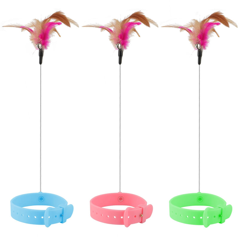 Cat Collar Toy, 3 Pcs Cat Feather Toy with Neck Collar, Interactive Self Playing Toys with Bell for Indoor Kittens Small Animals(Pink/Blue/Green)