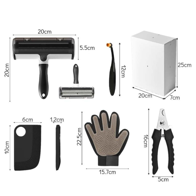 fiora 5-Pcs Multifunctional Pet Hair Remover Kit Reusable Lint Roller, Deshedding Glove, Pet Hair Scraper, Applicator Brush & Nail Clipper Hair Remover for Couch, Carpet, Car, Furniture & Bedding