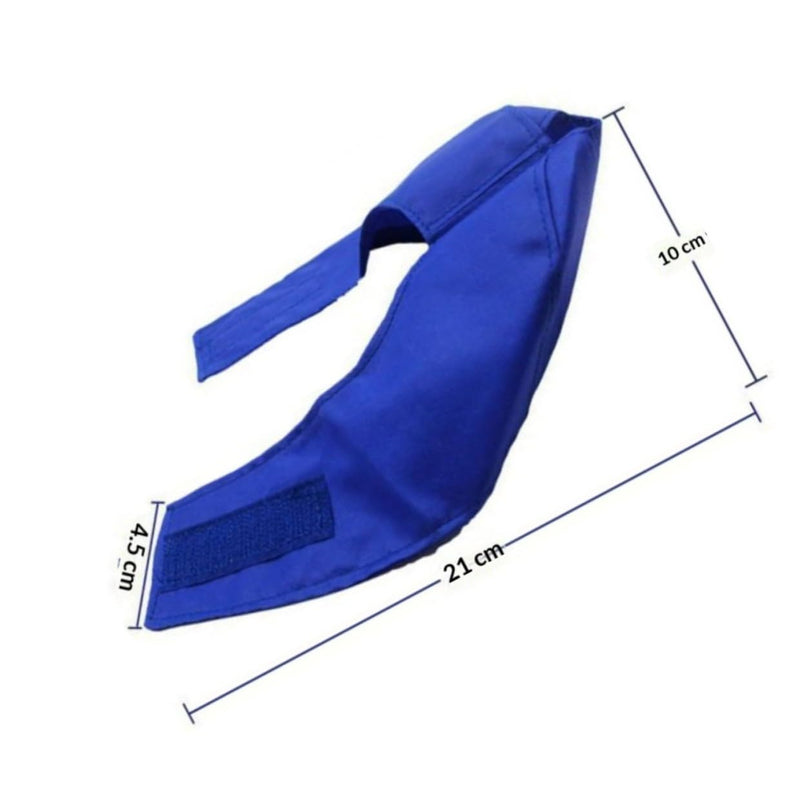 Cat blind eye mask for cats and dogs made of nylon with small hole design and sticky strap. Lightweight and easy to use for manicures and bathing.